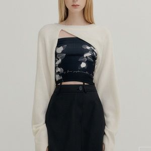 CASHMERE UNBALANCE BOLERO KNIT TOP IN IVORY - TWICE NAYEON, SUNMI, IVE YUJIN